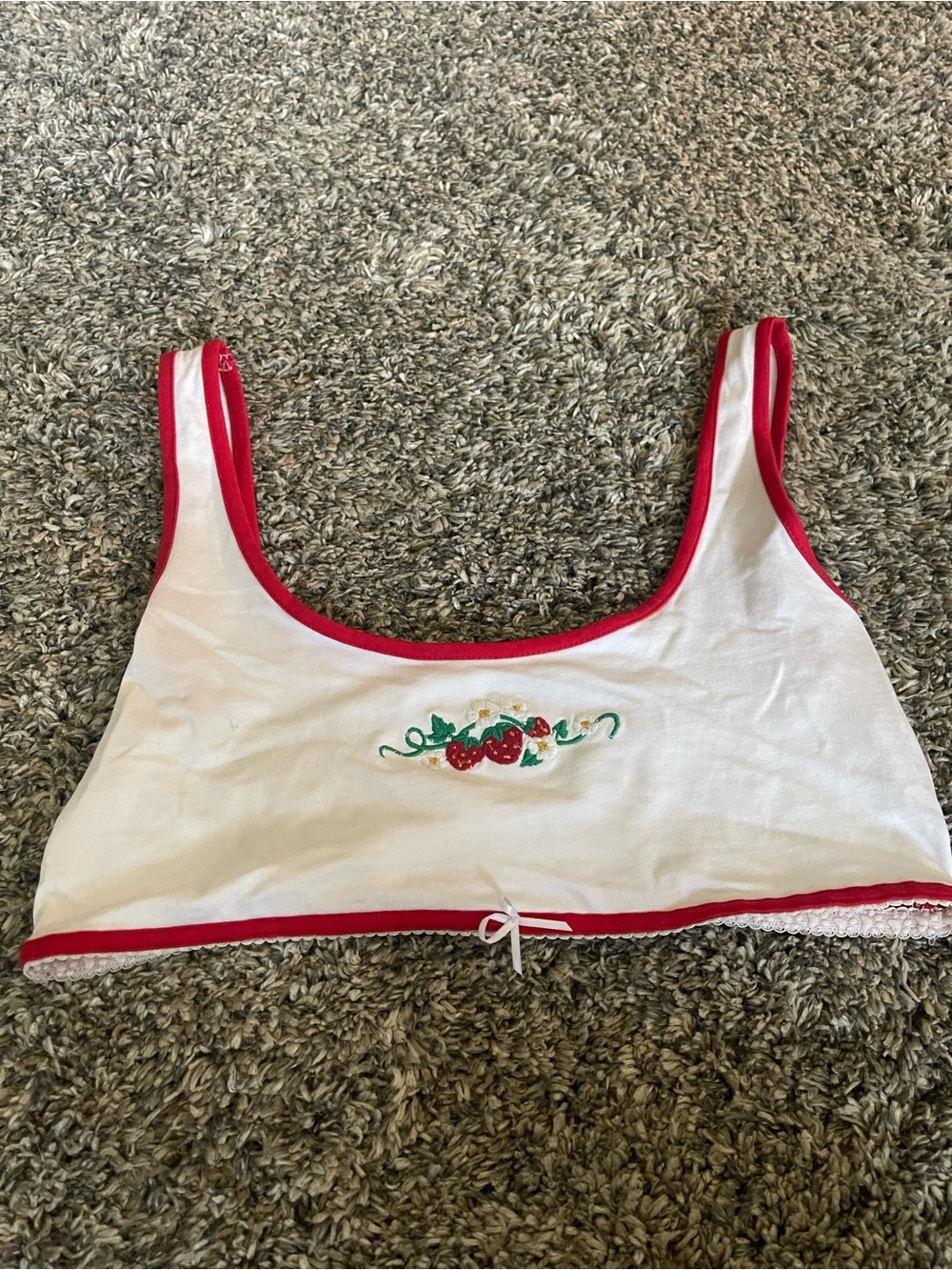 White & Red Strawberry Embroidered Tank Top